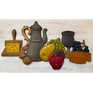 Vintage Metal Kitchen Wall Decor with Fruit, Coffee Pot, Cheese, and Wine Glass